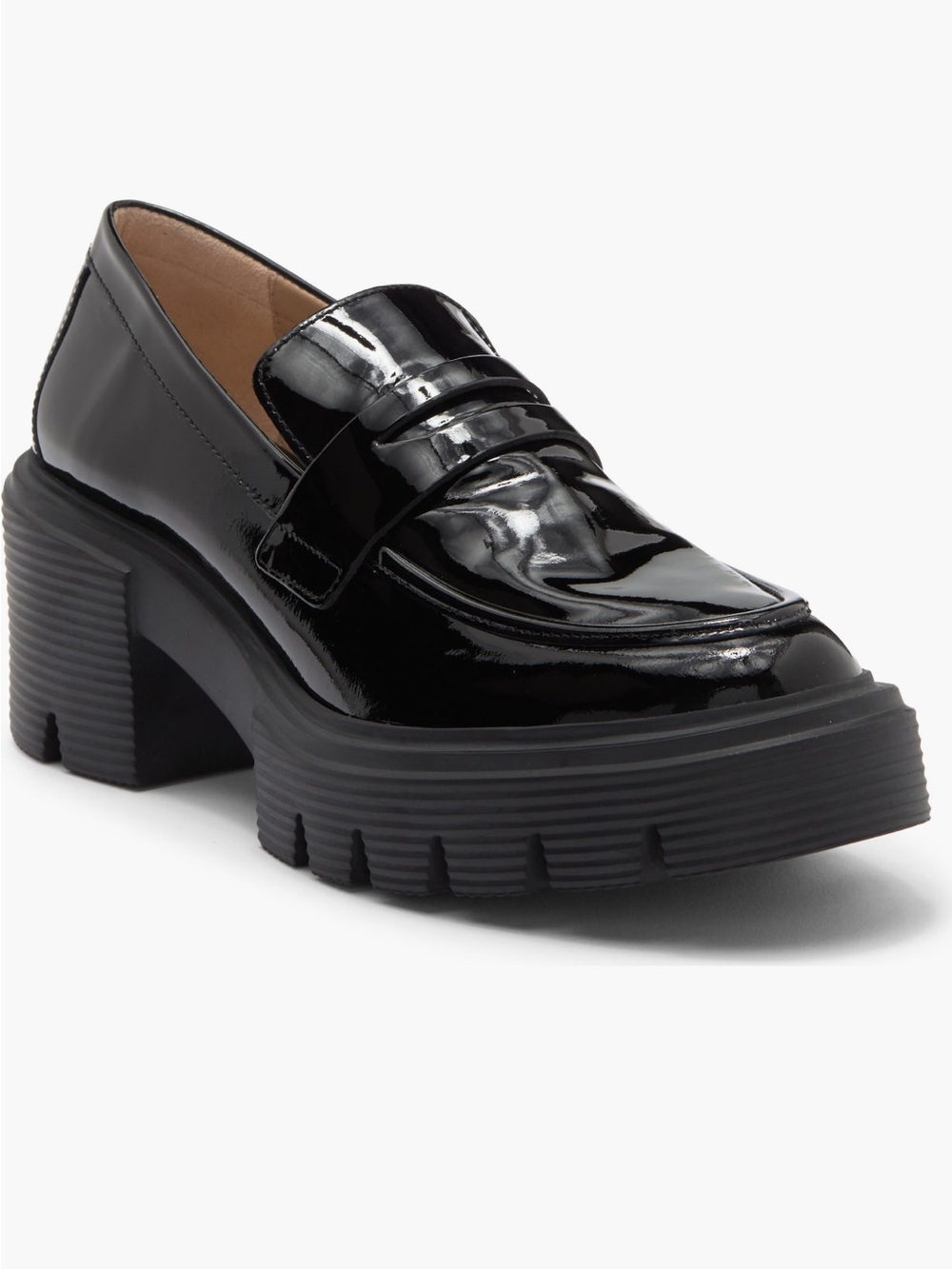 Stuart Weitzman Glossy Black Lug-Sole Penny Loafers